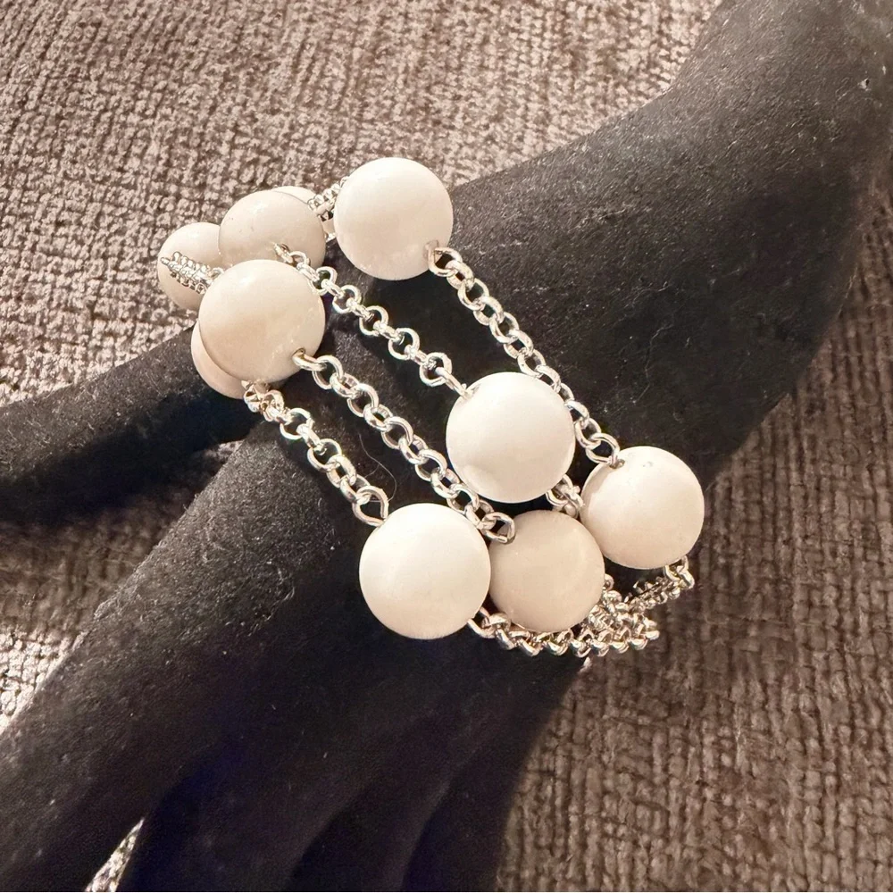 Multilayered  Silver and White Beaded Bracelet